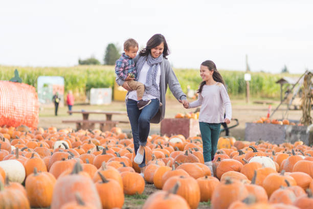 istock Beautiful ethnic mom and her daughters at a pumpkin farm! 1003891694