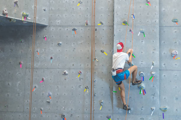 A college age male is scaling an indoor rock climbing wall using a harness and rope equipment. He is straining to reach the next handhold.