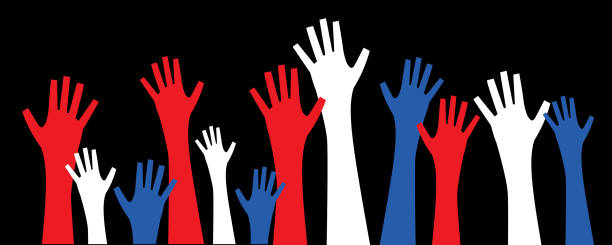 Patriotic Voting Hands Vector illustration of a set of red, white and blue  hands raised into the air. political rally stock illustrations