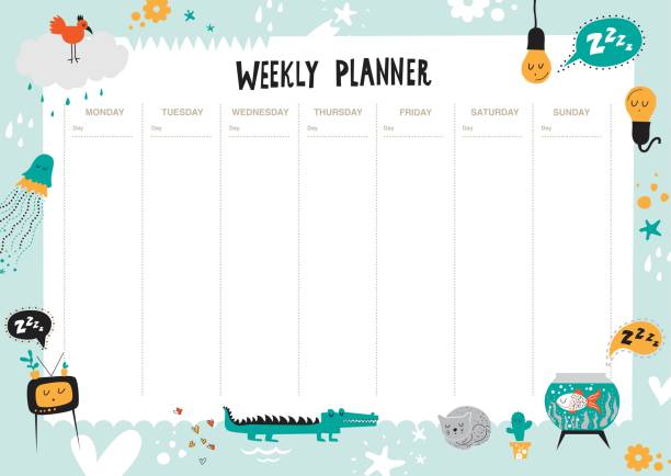 Vector kids schedule with cartoon animals and cute elements Vector kids schedule with cartoon animals and cute elements.  Weekly planner. Light bulb, bird, jellyfish, cactus, cloud, cat, drops, hearts, dog, crocodile, aquarium, flowers. Vector illustration learning borders stock illustrations