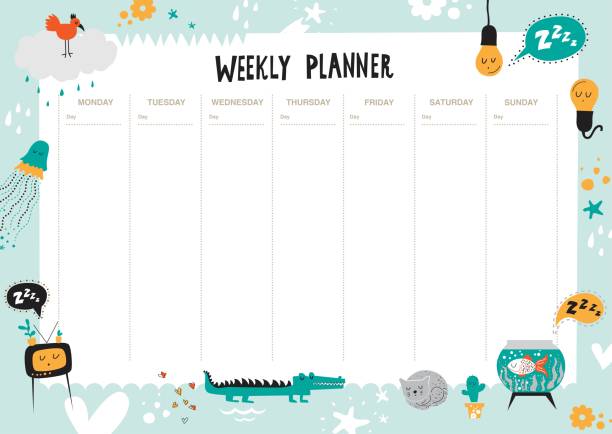 Vector kids schedule with cartoon animals and cute elements Vector kids schedule with cartoon animals and cute elements. Weekly planner. Light bulb, bird, jellyfish, cactus, cloud, cat, drops, hearts, dog, crocodile, aquarium, flowers. Vector illustration kids goal setting stock illustrations