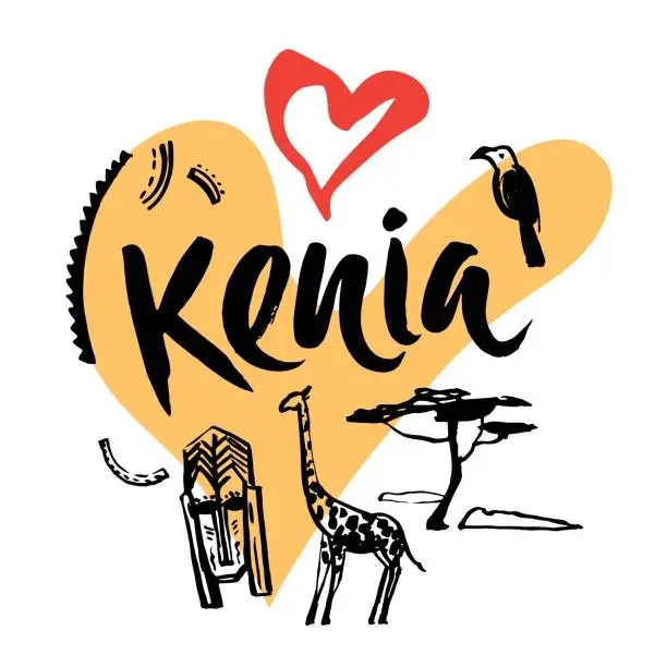 Vector illustration of Set with iconic symbols in calligraphic style of the Kenia