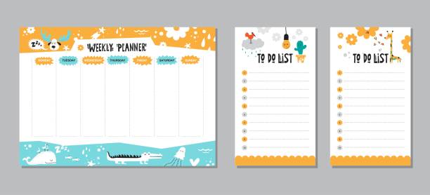 Vector weekly planner template Vector weekly planner template with cute animals and elements. To do list. Schedule design template. For kids pill organizer stock illustrations