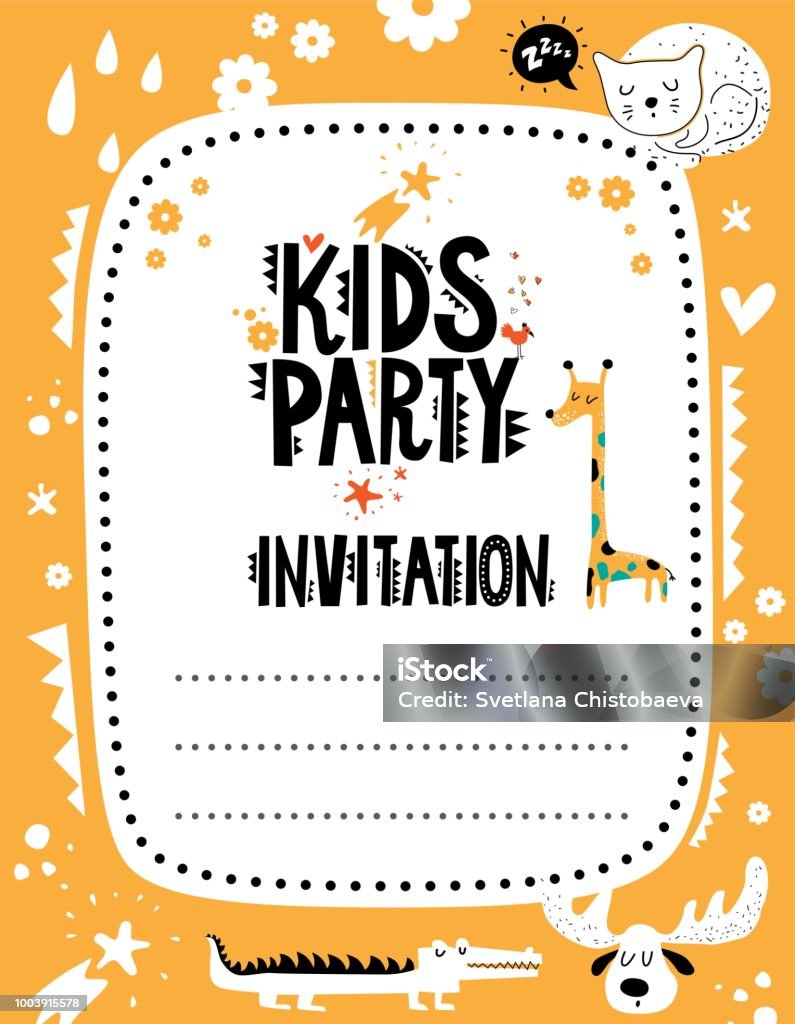 Kids Party Invitation Template With Cute Animals And Elements Stock  Illustration - Download Image Now - iStock