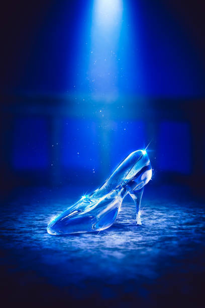 Cinderella's glass slipper on castle's floor/ 3D rendering stock photo