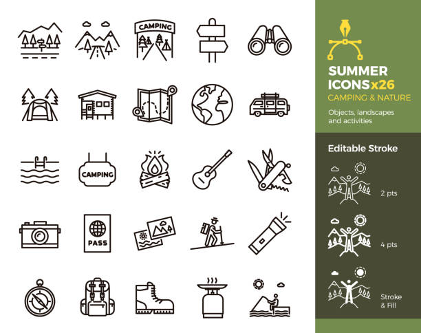 ilustrações de stock, clip art, desenhos animados e ícones de summer icons, camping and nature. objects, landscapes and activities. vector thin line illustration. editable stroke, easily editable. vacation in mountains, adventure outdoors, traveling. - camping campfire boy scout girl scout