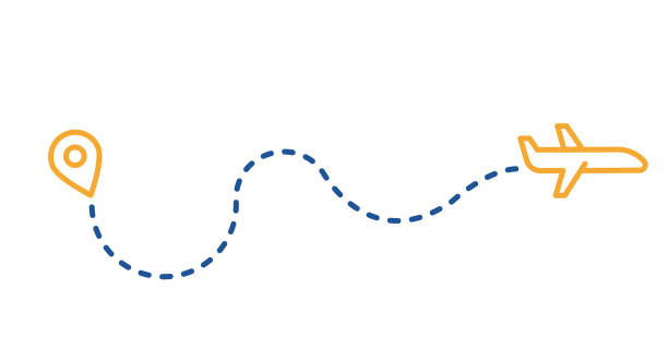 飛行機と gps のピンと点線のルートを追跡します。ベクトル細い線アイコン イラスト。飛行、休暇、休日、旅行、ビジネスまたは観光旅行 - 境界線点のイラスト素材／クリップアート素材／マンガ素材／アイコン素材