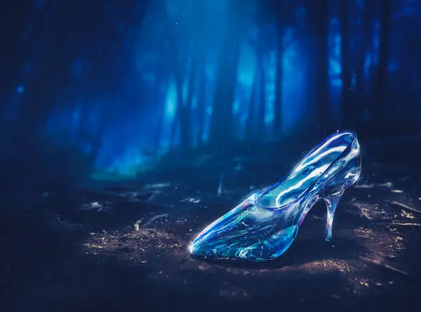 Cinderella's glass slipper in a forest at night -3D illustration