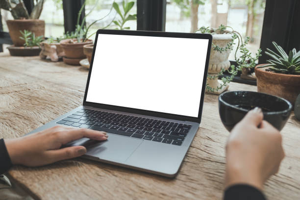 istock Mockup image of woman using and typing on laptop with blank white desktop screen while drinking coffee on vintage wooden table in cafe 1003944416
