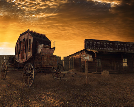 Ilustración 3D de viejo oeste, carro y casa al atardecer photo