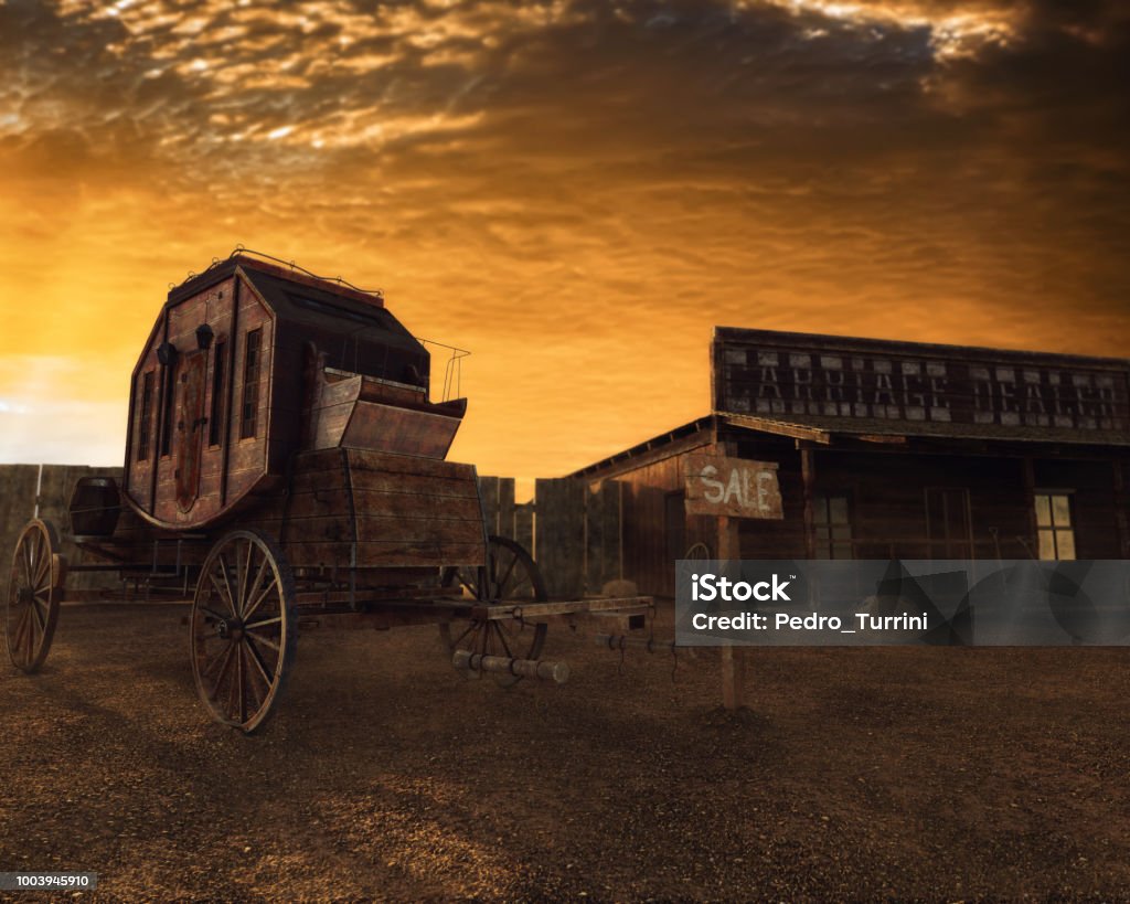 Ilustración 3D de viejo oeste, carro y casa al atardecer - Foto de stock de El lejano oeste libre de derechos