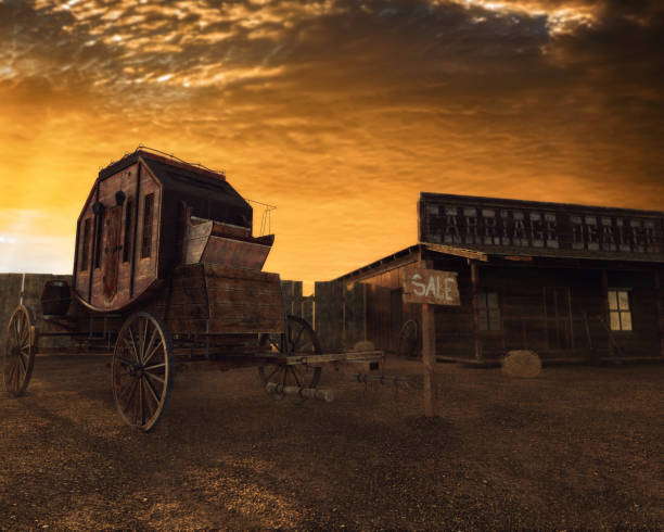 ilustração 3d de velho oeste, transporte e casa ao pôr do sol - saloon - fotografias e filmes do acervo