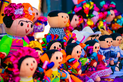 Traditional mexican dolls made in Queretaro, México, all of the, have the same style and colours
