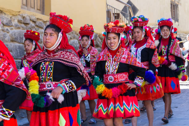 Ollantaytambo, Peru - May 16 : Religious celebration for Fiestas de Pentecostes with people wearing masks and colorful clothing on the streets of Ollantaytambo. May 16 2016, Ollantaytambo Peru.