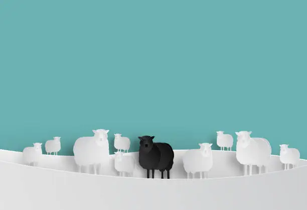 Vector illustration of Black Sheep in White Sheep Group in Paper cut Style