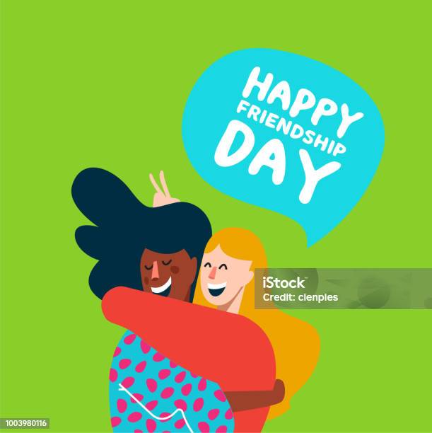 Happy Girl Friends Hug For Friendship Day Card Stock Illustration - Download Image Now - Friendship, Day, Embracing