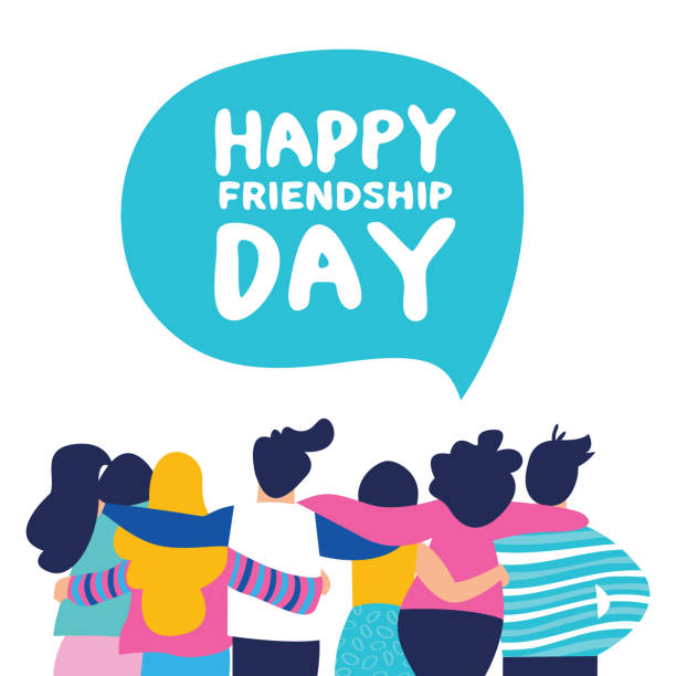 ilustrações de stock, clip art, desenhos animados e ícones de happy friendship day card of friend group team hug - friends