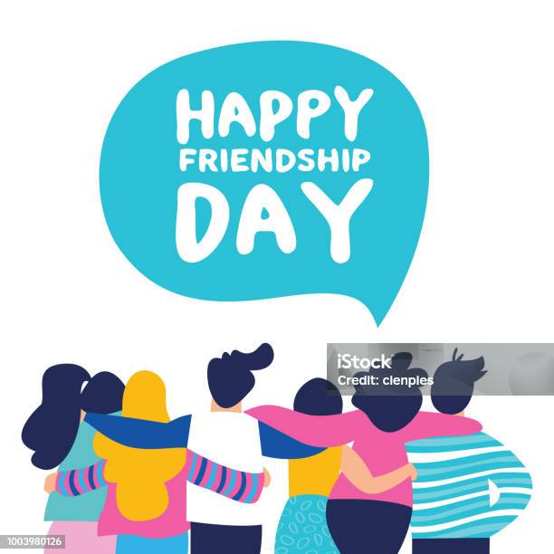 Happy Friendship Day Card Of Friend Group Team Hug Stock Illustration - Download Image Now - Friendship, Day, Child