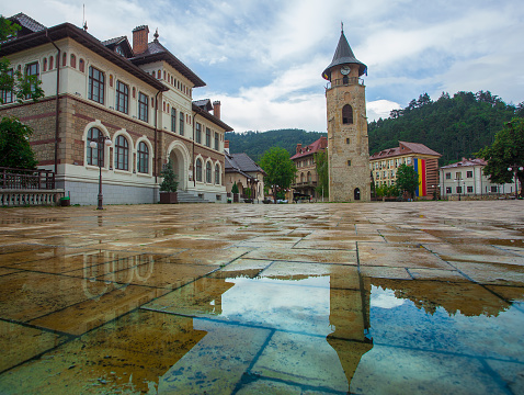 Piatra Neamt city center in Romania. Wide view after rain