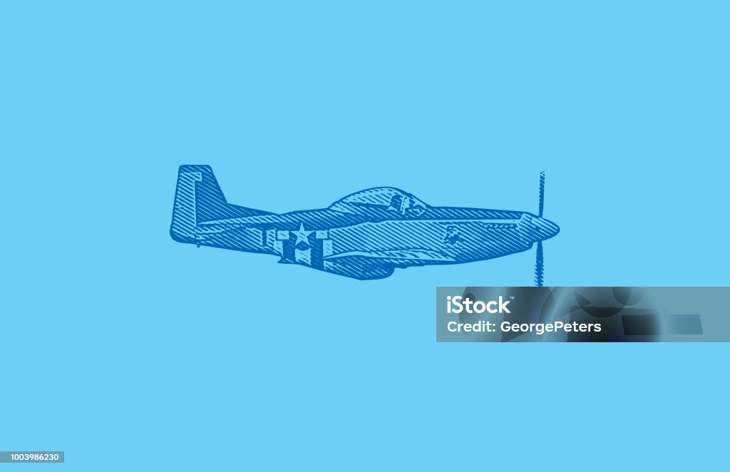 World War II P-51 Mustang Airplane. Engraving illustration of a World War II P-51 Mustang Airplane flying with cloudscape background. Air Vehicle stock vector