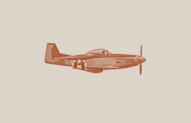 World War II P-51 Mustang Airplane. Engraving illustration of a World War II P-51 Mustang Airplane flying with cloudscape background. p51 mustang stock illustrations