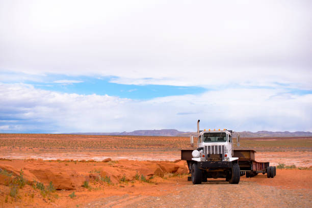 istock Big rig powerful semi tractor with long heavy-duty semi trailer for oversized cargo stand in Arizona desert 1003988968