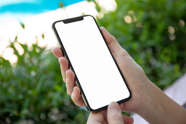 istock female hands holding phone with isolated screen on garden background 1003989410