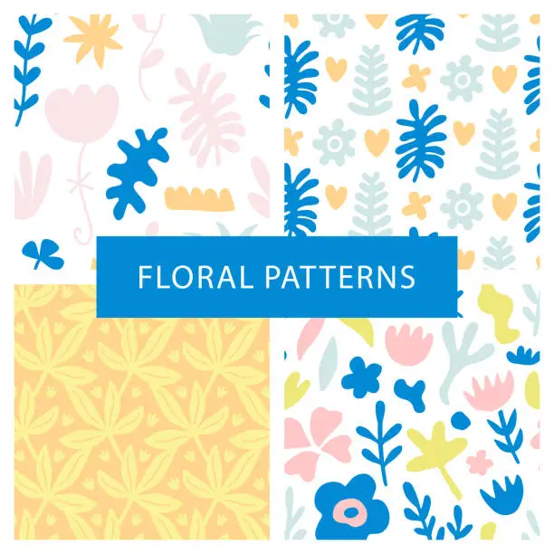 Vector illustration of Set of hand drawn colorful floral seamless repeat patterns