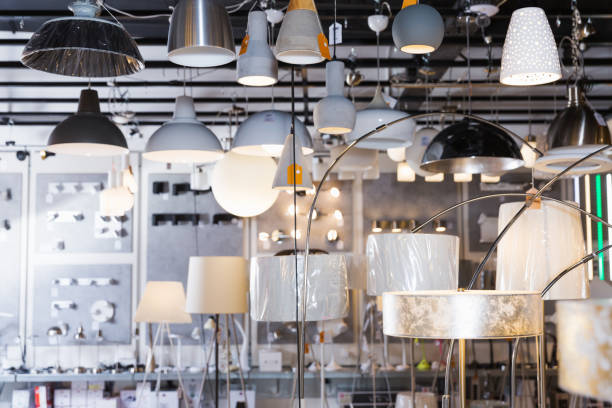 istock different lamp with lights in furniture store 1003990786