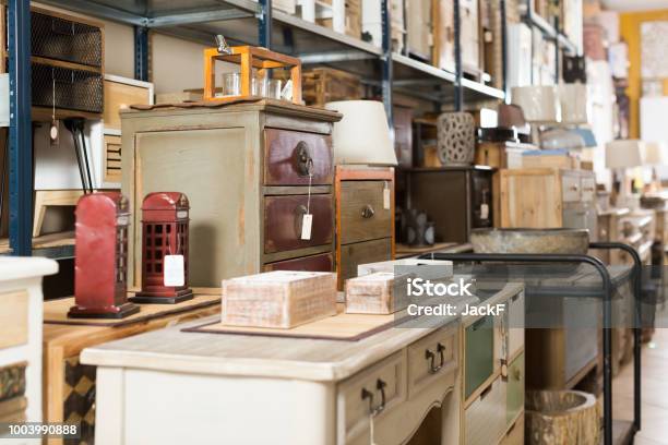 Wide Selection Of Vintage Furniture In Store Stock Photo - Download Image Now - Furniture, Recycling, Old