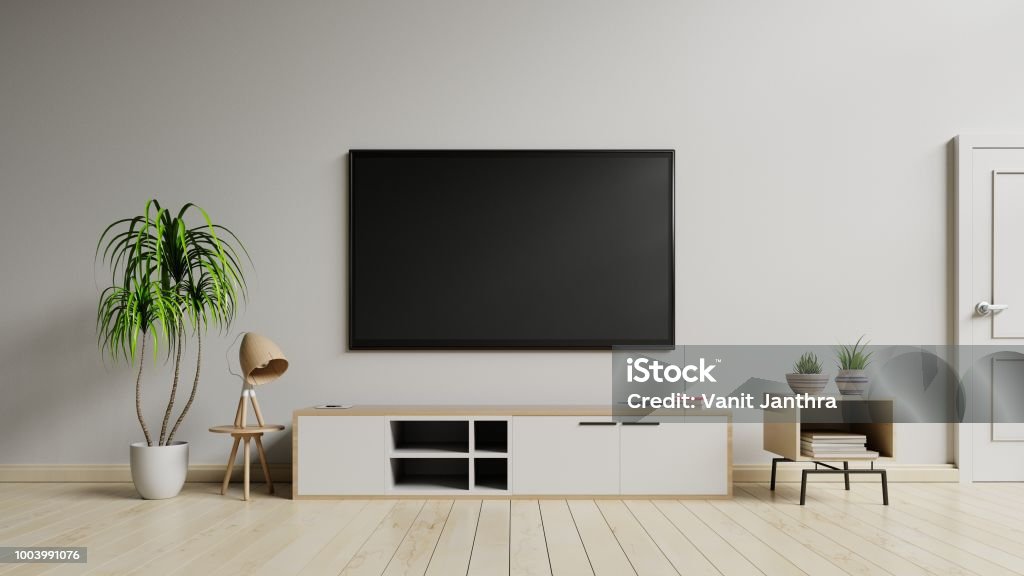 TV cabinet the cabinet in modern living room TV cabinet the cabinet in modern living room on white wall background,3d rendering Living Room Stock Photo