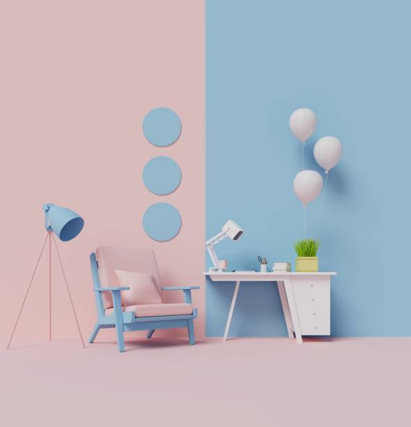 istock Colorful living room with armchairs and work desk 1003991146