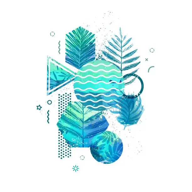 Vector illustration of Template geometric design for summer season sales. Abstract background with watercolor texture and tropical leaf. Modern banner with decor  exotic plants and wave for party and advertisement. Vector.