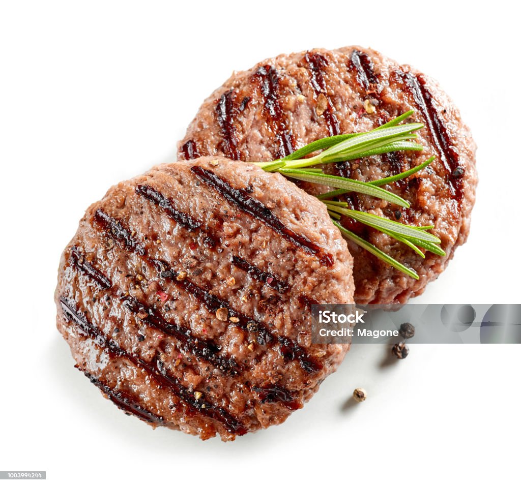 carne de hamburguesa a la parrilla recién - Foto de stock de Hamburguesa - Alimento libre de derechos