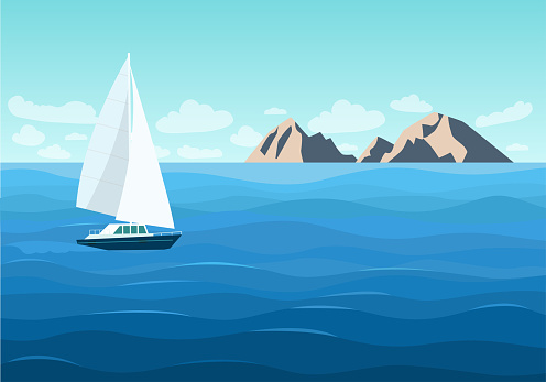 Sailing ship in the ocean. Mountain landscape. Vector flat style illustration