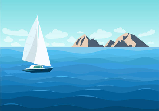 Sailing ship in the ocean. Mountain landscape. Vector flat style illustration Sailing ship in the ocean. Mountain landscape. Vector flat style illustration sailing stock illustrations