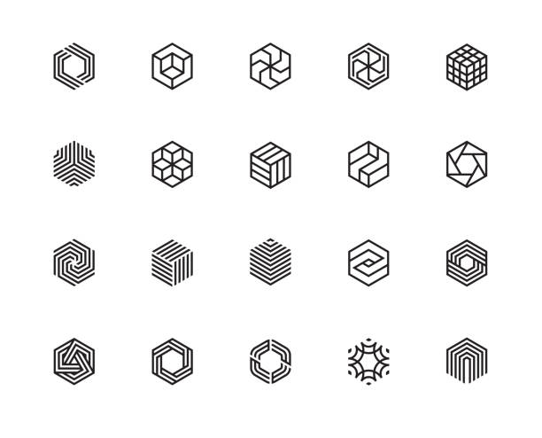 Hexagon icons PF Geometric Shape, Hexagon, Six, Logo, Design Concept, Creative Symbol, High Quality, Icon, Vector and Illustration cube shape stock illustrations