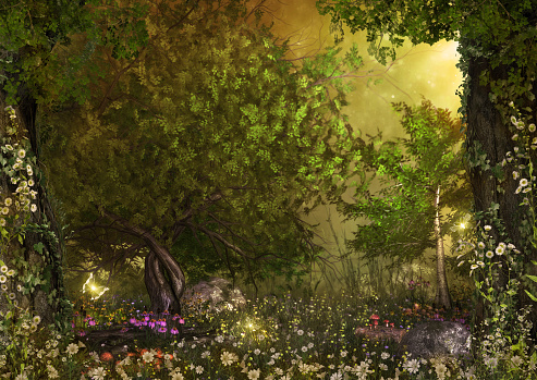 An opening in an enchanting fairy forest, ground covered with magical daisy flowers, 3d render painting