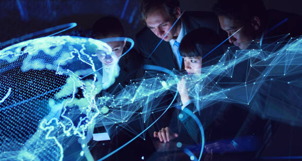 istock Global communication concept. Group of engineer and futuristic GUI. 1004013194