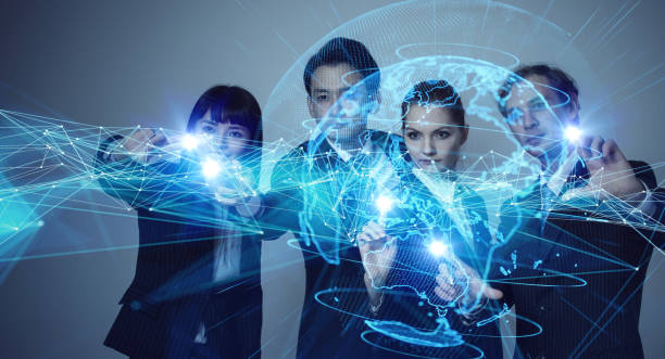 istock Global communication concept. Group of engineer and futuristic GUI. 1004013220
