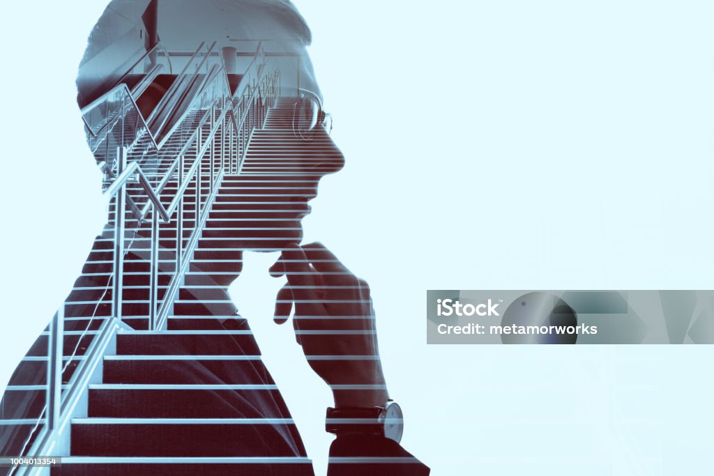 Double exposure of a businessman and stairs. Success of business concept. The Way Forward Stock Photo