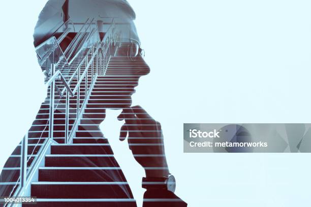 Double Exposure Of A Businessman And Stairs Success Of Business Concept Stock Photo - Download Image Now