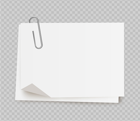 Vector realistic white note paper with paper clip on transparent background.