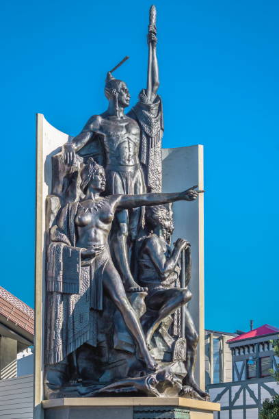 The statue of Kupe, on the Wellington waterfront, shows the legendary explorer with his wife, Hine Te Aparangi, and his tohunga (priest), Pekahourangi. stock photo