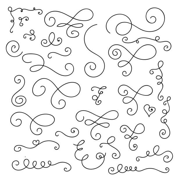 ilustraciones, imágenes clip art, dibujos animados e iconos de stock de florece, remolinos, colección de vector elementos decorativos - line art scroll shape design element scroll