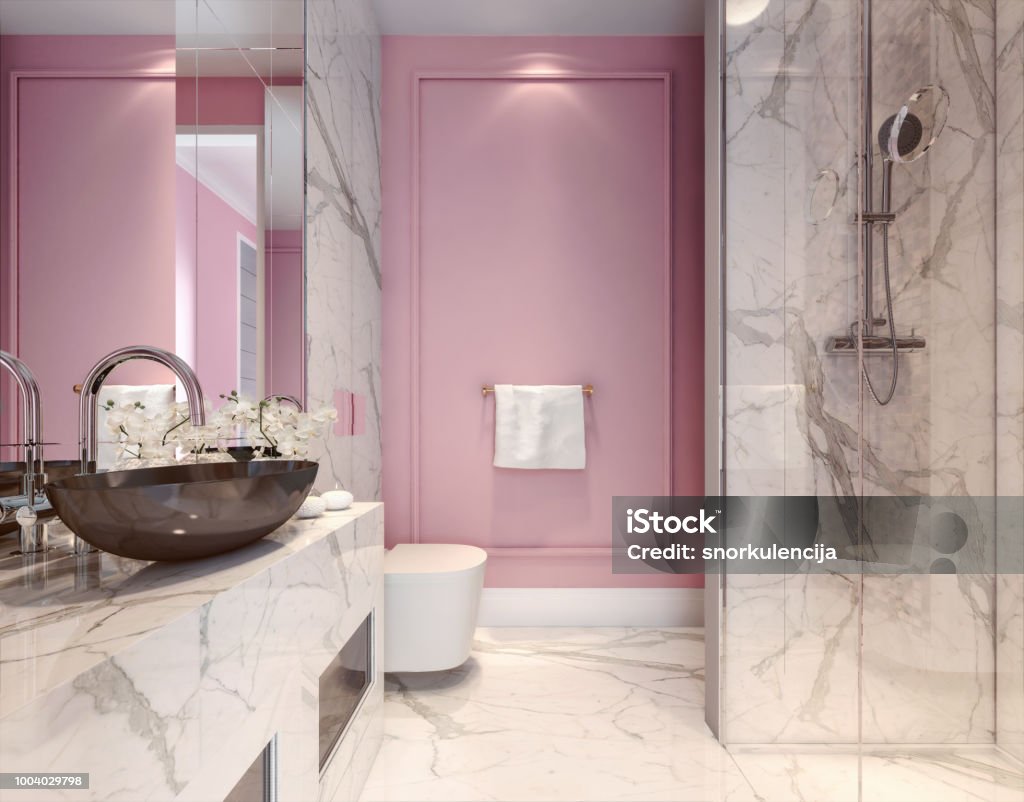 Modern interior design of millennial pink bathroom, 3d illustration, 3d rendering Bathroom Stock Photo