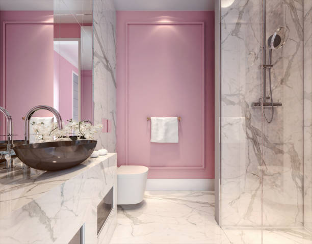 Modern interior design of millennial pink bathroom, 3d illustration, 3d rendering stock photo