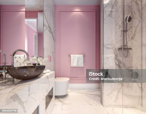Modern Interior Design Of Millennial Pink Bathroom 3d Illustration 3d Rendering Stock Photo - Download Image Now