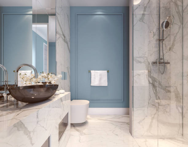 istock Modern interior design of blue bathroom, 3d illustration, 3d rendering 1004029802