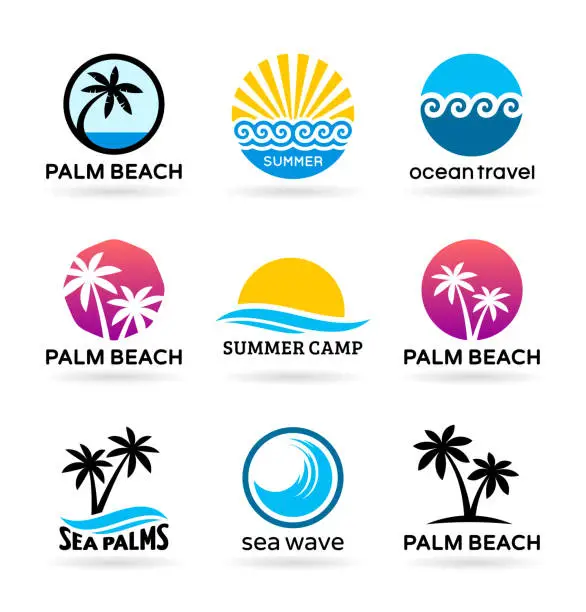Vector illustration of Sea beach and palm trees. Logo design
